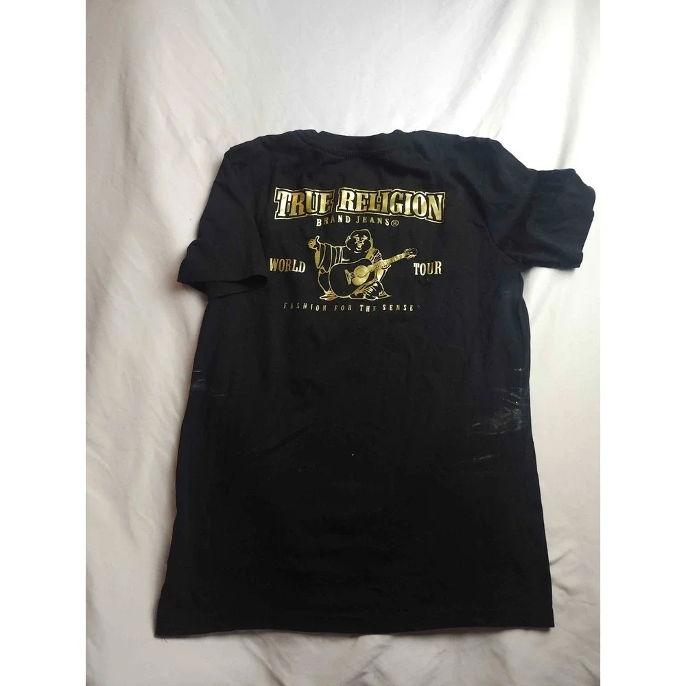 True Religion Shirt Mens Size XL Black Gold Graphic‎ Print Short Sleeve Casual